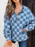 Checkered Half Zip Denim Hoodie Top - Lara Moda