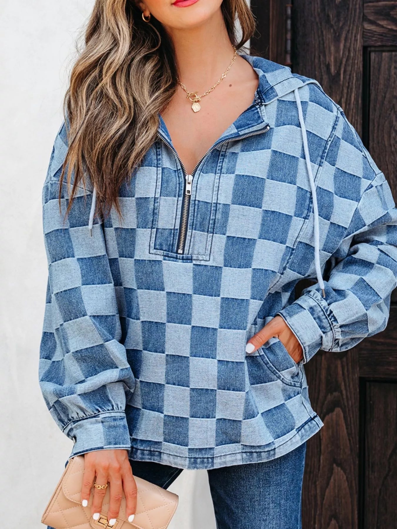 Checkered Half Zip Denim Hoodie Top - Lara Moda