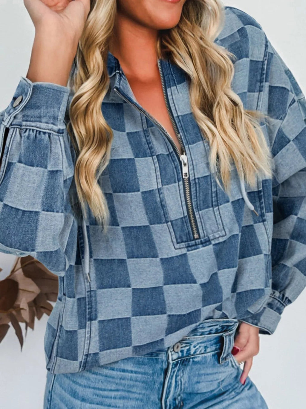 Checkered Half Zip Denim Hoodie Top - Lara Moda