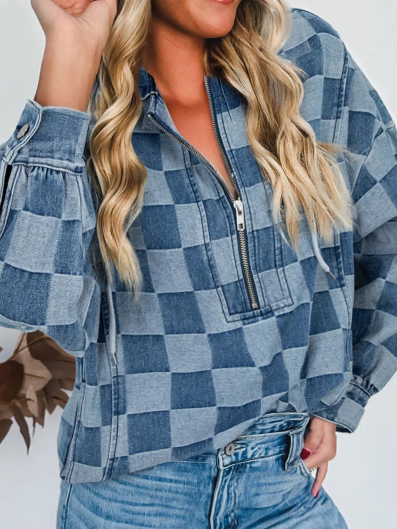 Checkered Half Zip Denim Hoodie Top - Lara Moda