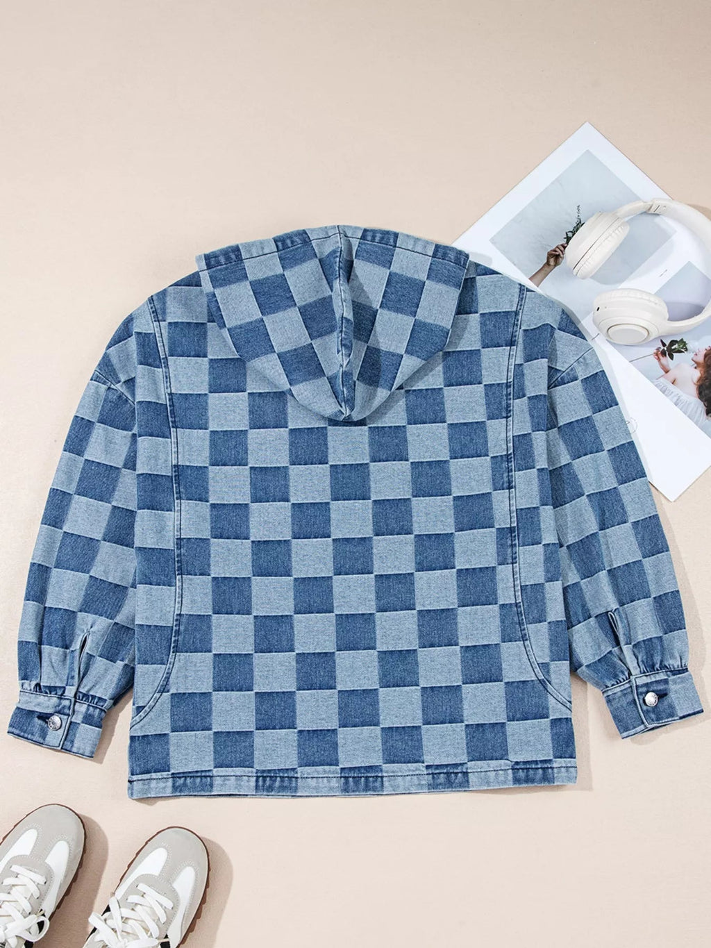 Checkered Half Zip Denim Hoodie Top - Lara Moda
