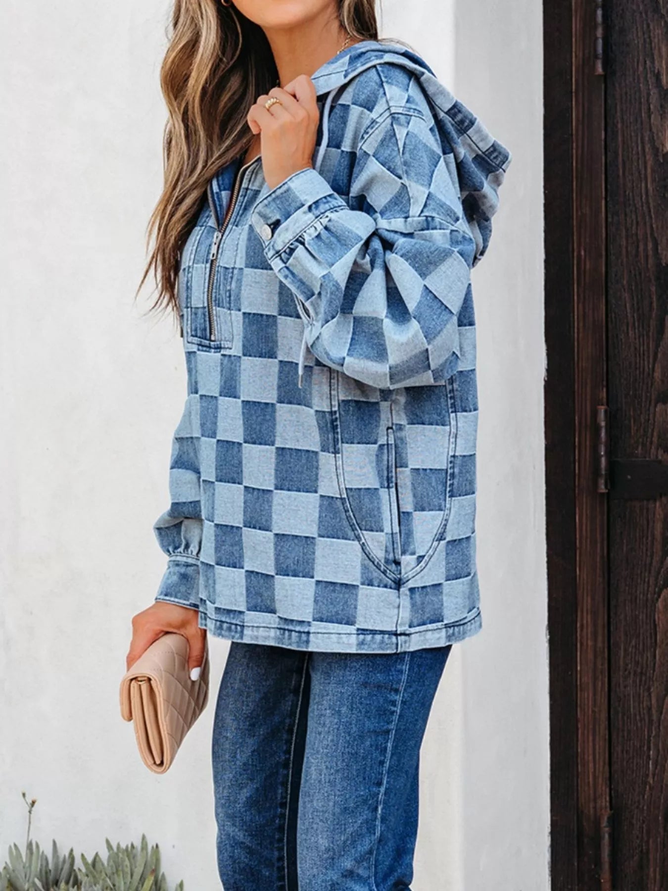 Checkered Half Zip Denim Hoodie Top - Lara Moda