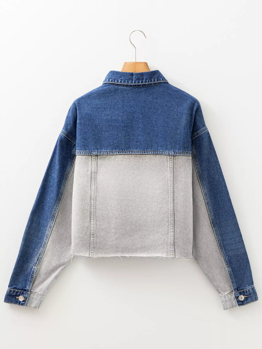 Color Block Patchwork Raw Hem Denim Jacket - Lara Moda