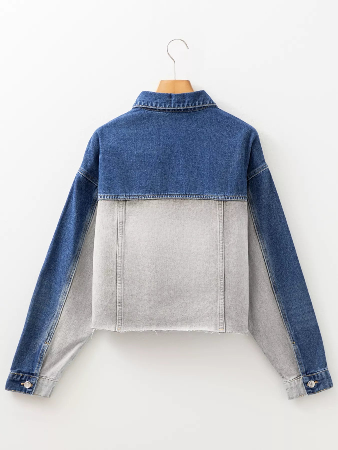Color Block Patchwork Raw Hem Denim Jacket - Lara Moda