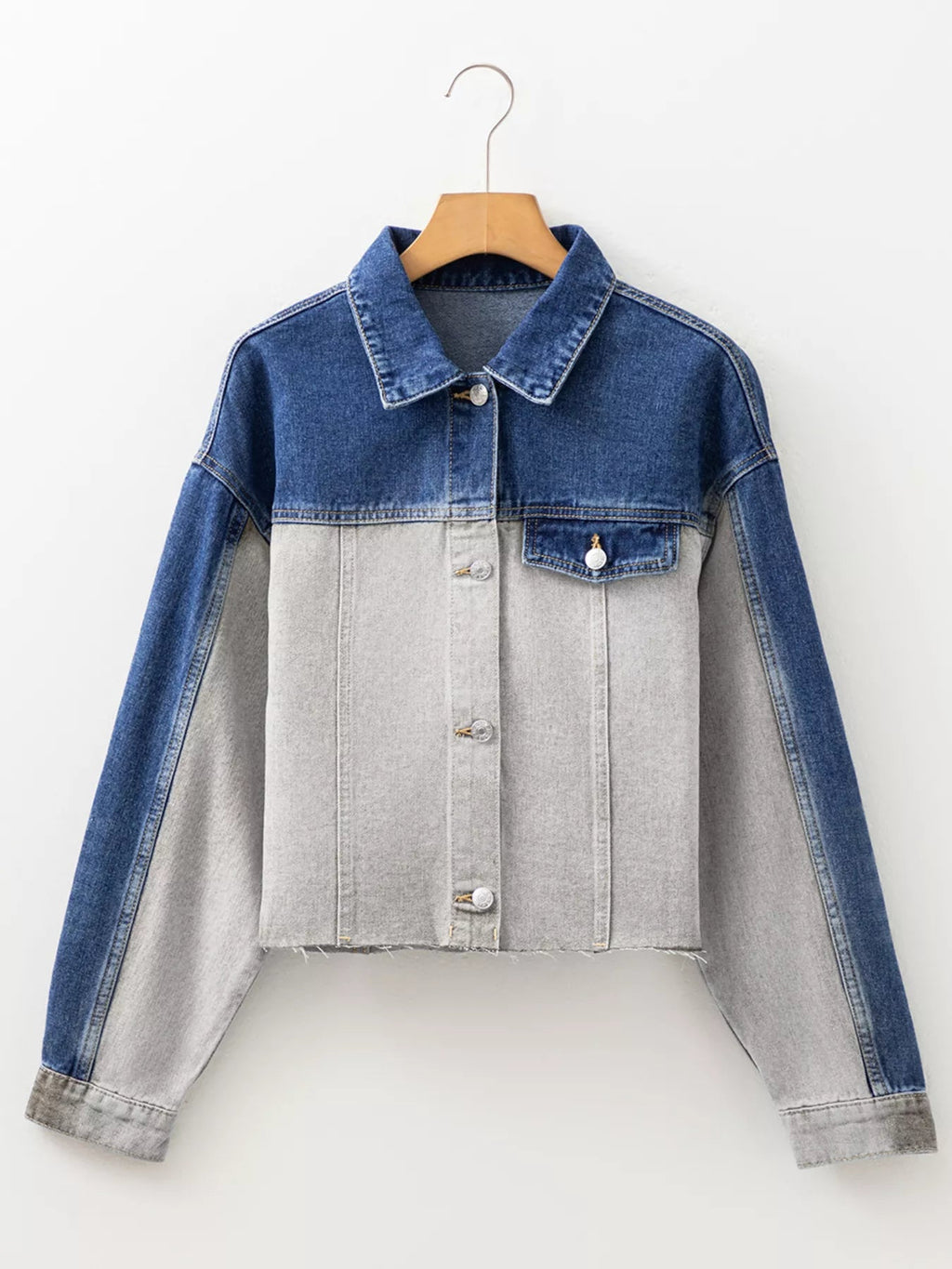 Color Block Patchwork Raw Hem Denim Jacket - Lara Moda