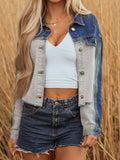 Color Block Patchwork Raw Hem Denim Jacket - Lara Moda