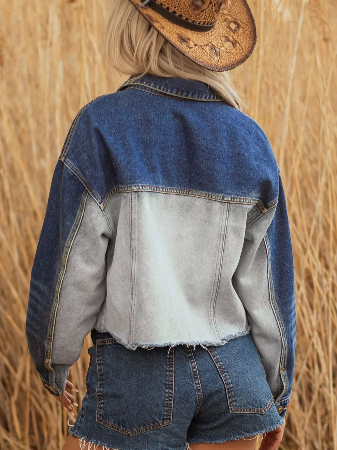 Color Block Patchwork Raw Hem Denim Jacket - Lara Moda