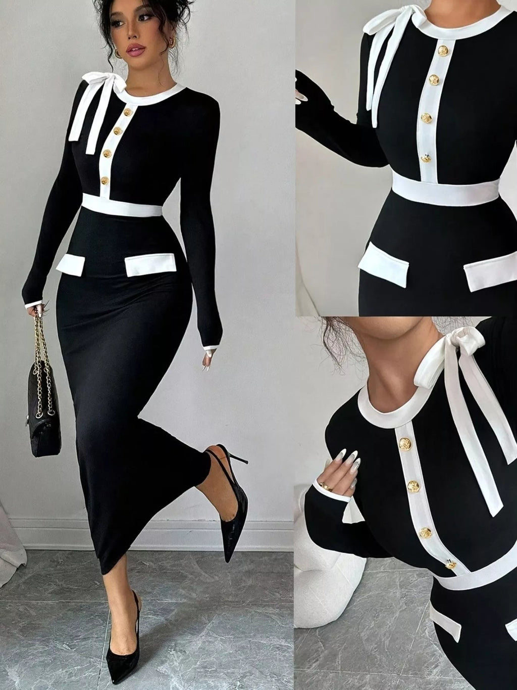 Contrast Trim Long Sleeve Maxi Dress - Lara Moda