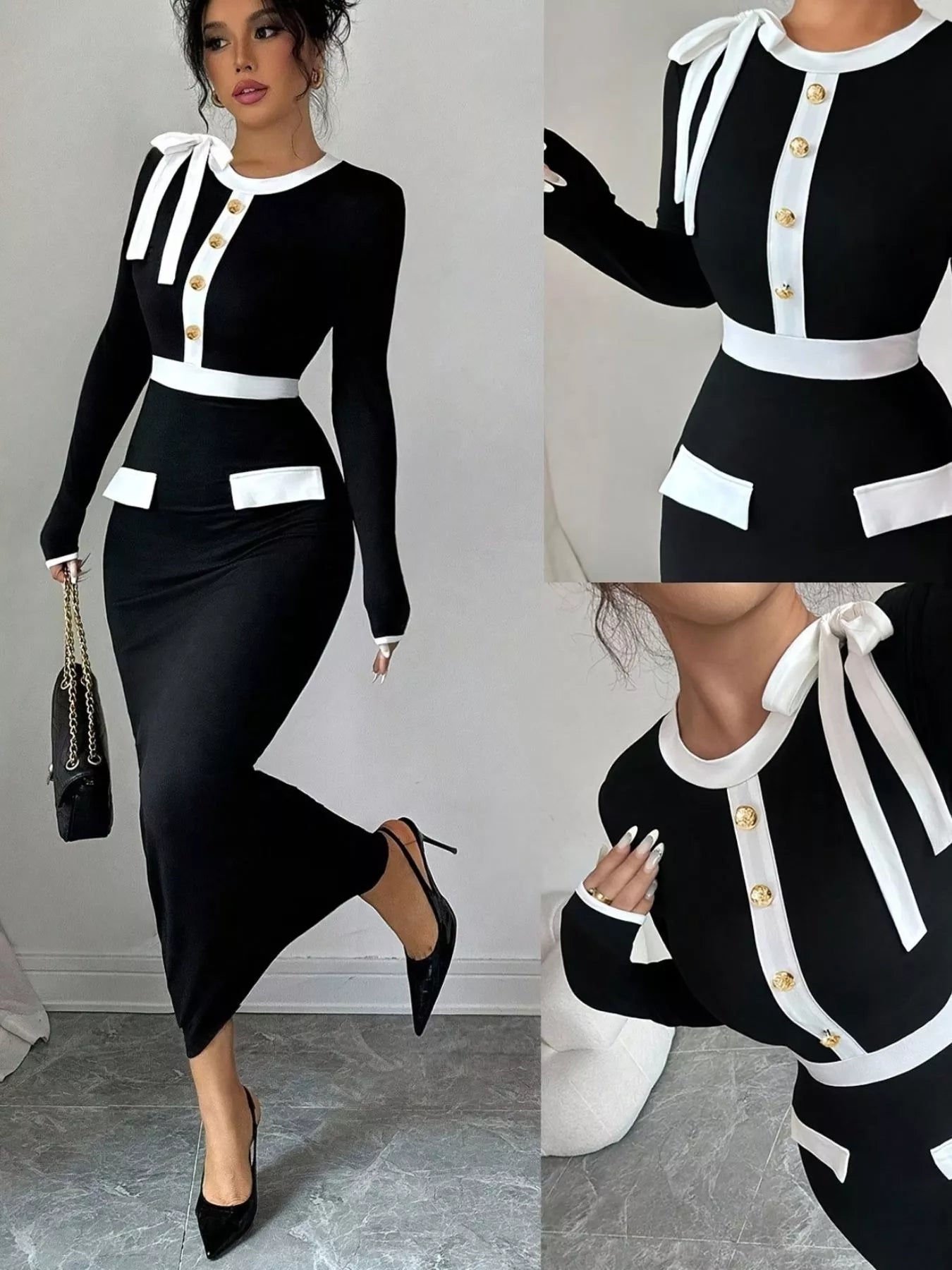 Contrast Trim Long Sleeve Maxi Dress - Lara Moda