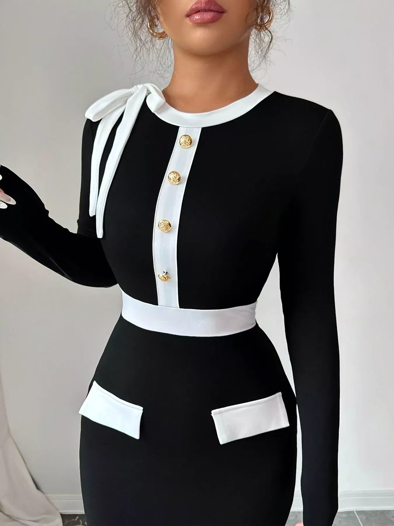 Contrast Trim Long Sleeve Maxi Dress - Lara Moda