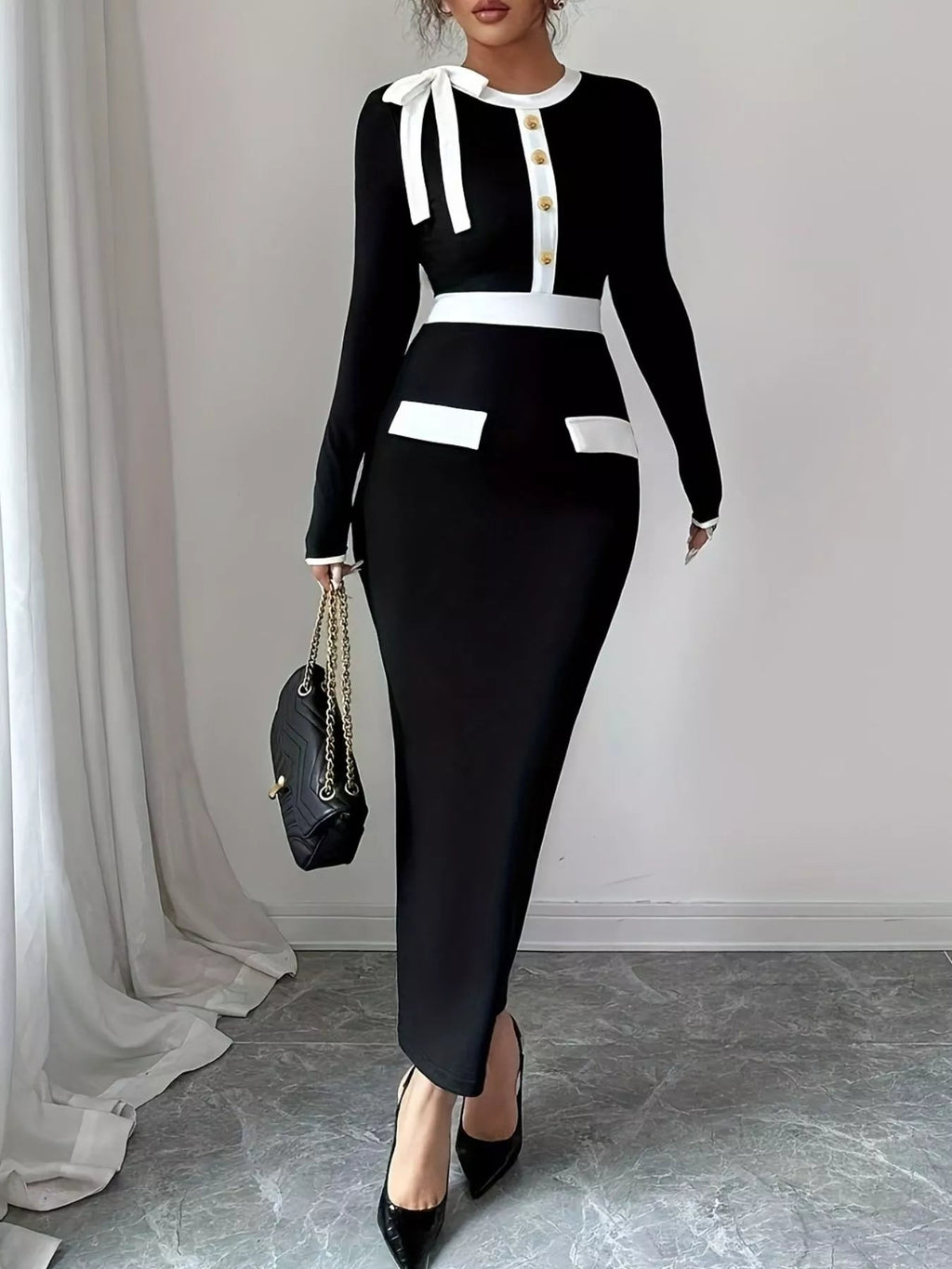 Contrast Trim Long Sleeve Maxi Dress - Lara Moda