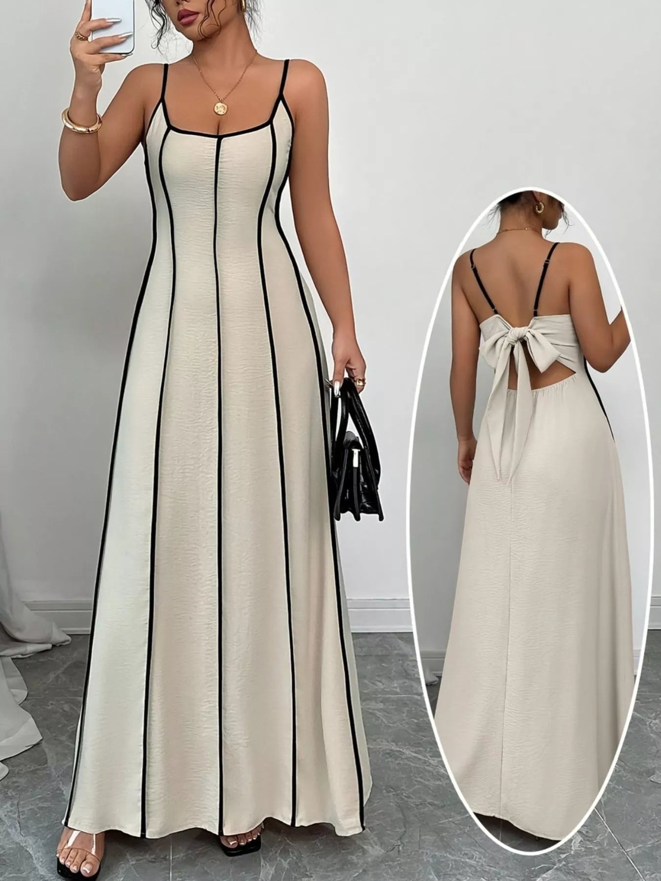 Contrast Trim Spaghetti Strap Maxi Dress - Lara Moda