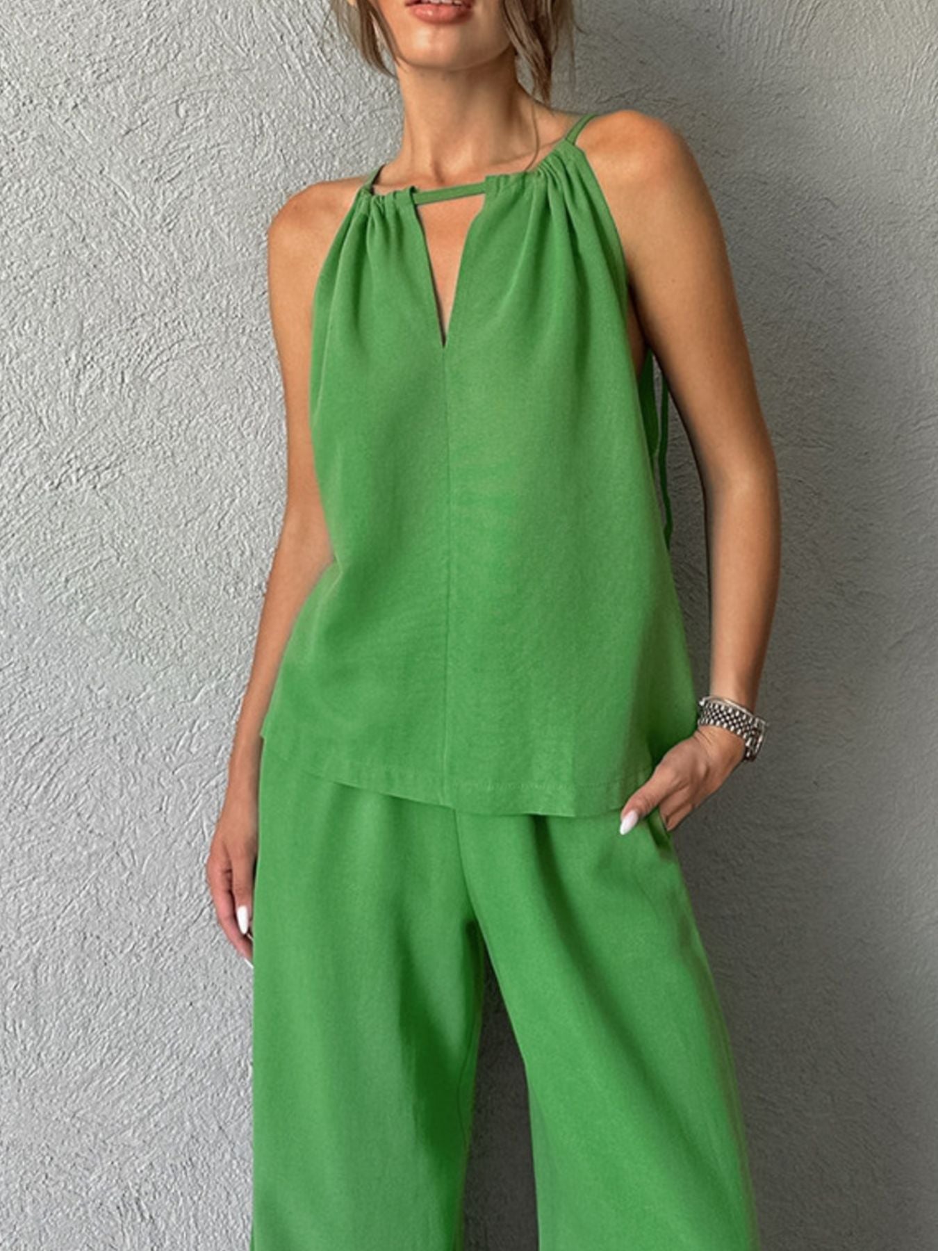 Cutout Tank and Wide Leg Pants Set - Lara Moda