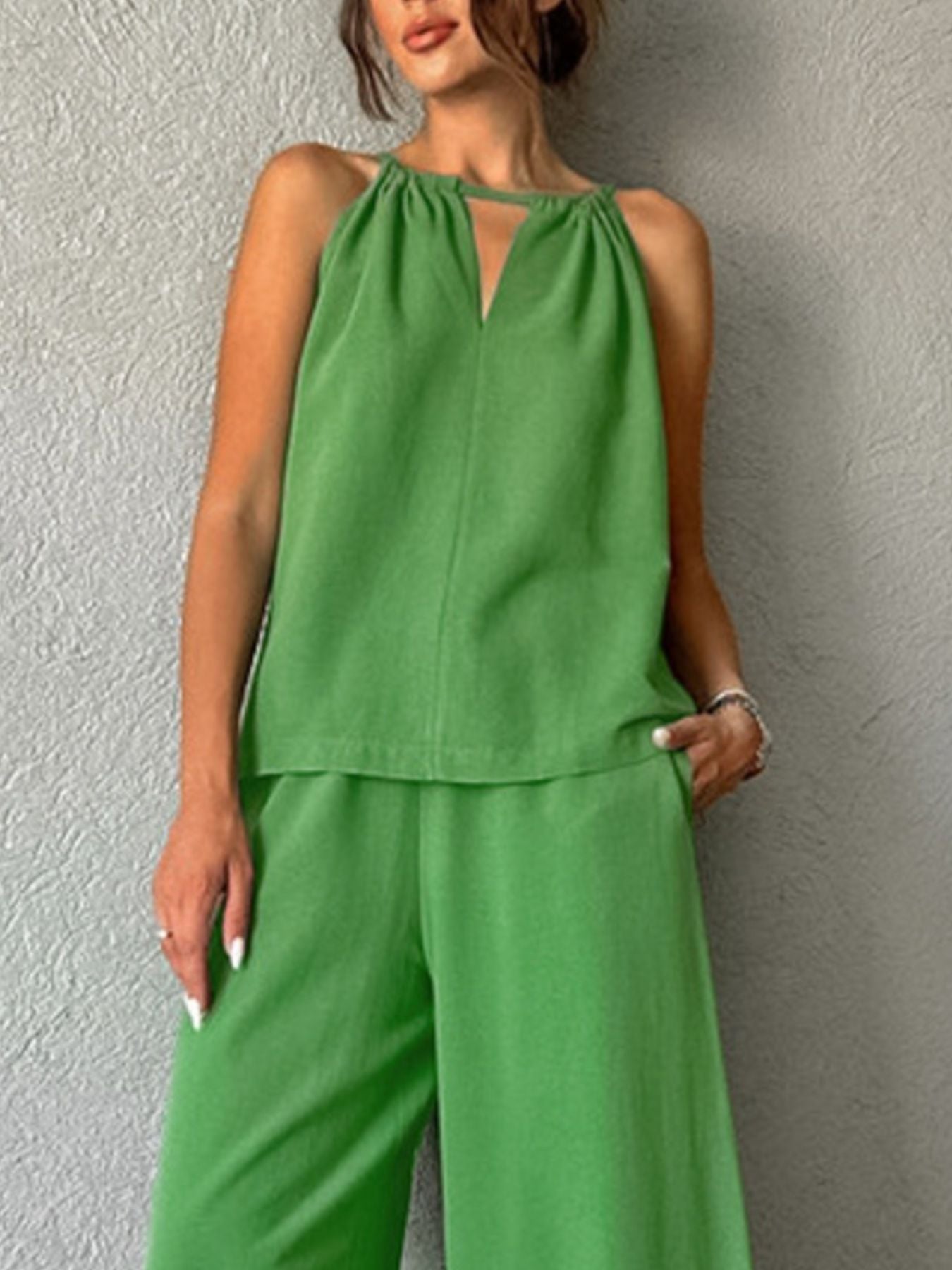 Cutout Tank and Wide Leg Pants Set - Lara Moda