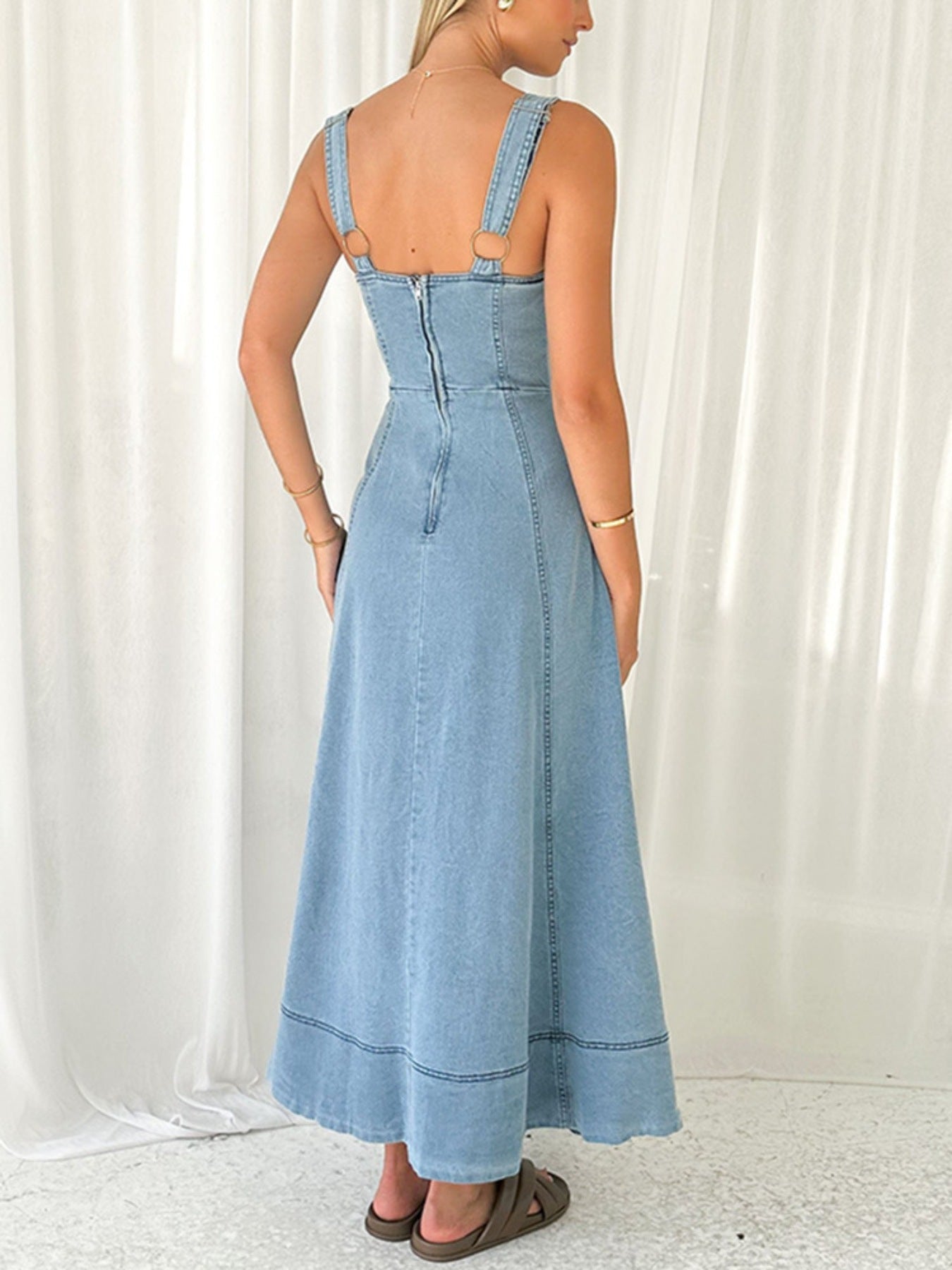 Decor Button Front A-Line Denim Dress - Lara Moda