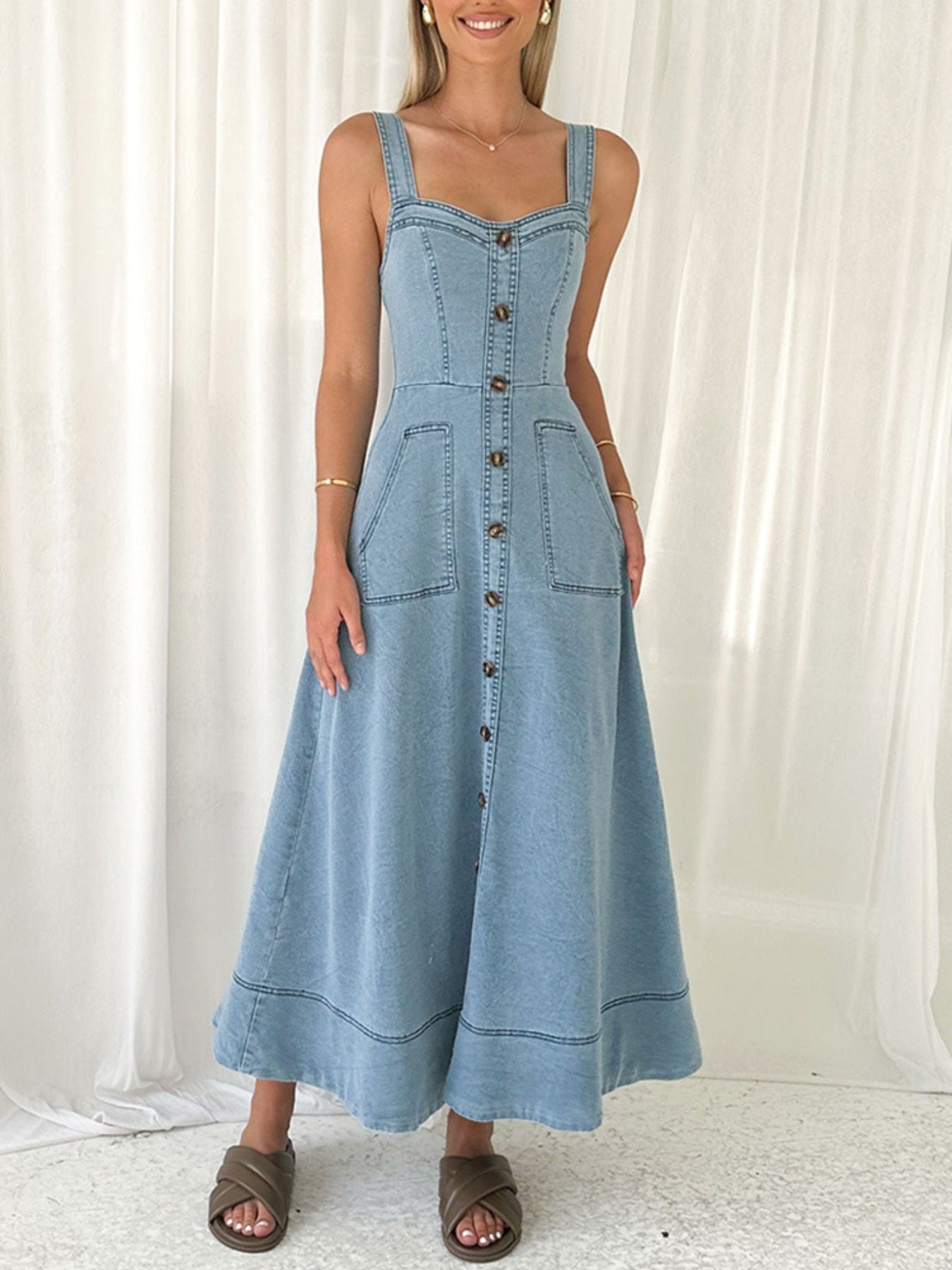 Decor Button Front A-Line Denim Dress - Lara Moda