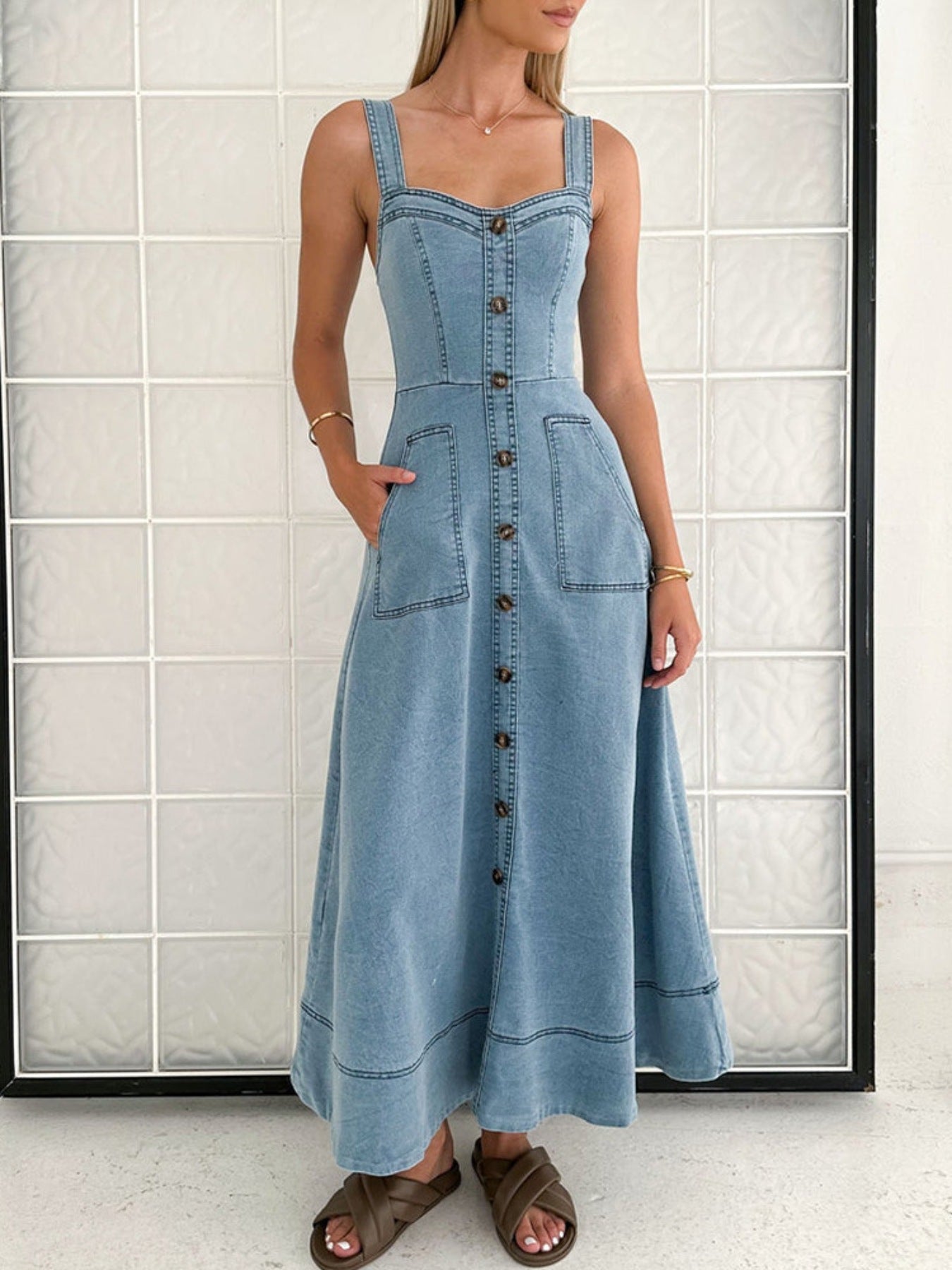 Decor Button Front A-Line Denim Dress - Lara Moda