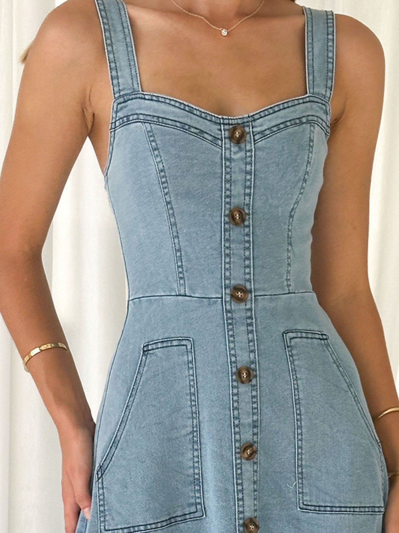 Decor Button Front A-Line Denim Dress - Lara Moda