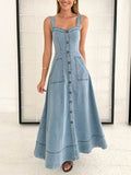 Decor Button Front A-Line Denim Dress - Lara Moda