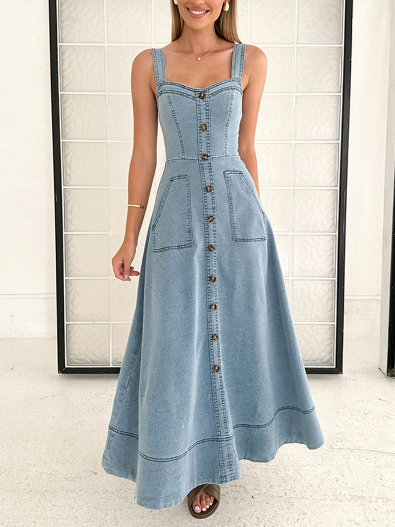 Decor Button Front A-Line Denim Dress - Lara Moda