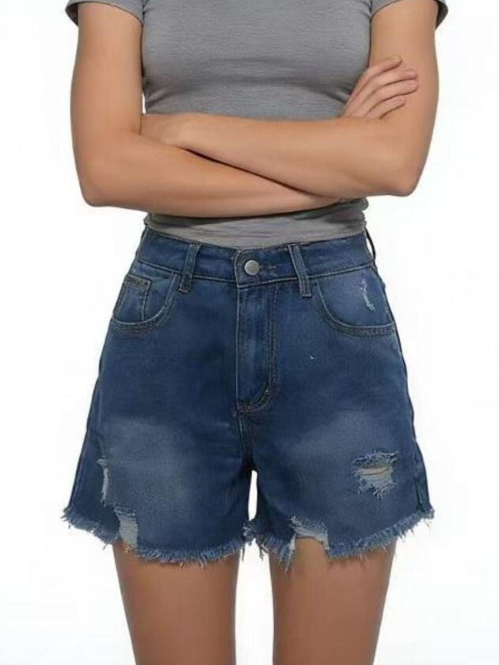 Distressed Frayed Hem Denim Shorts - Lara Moda