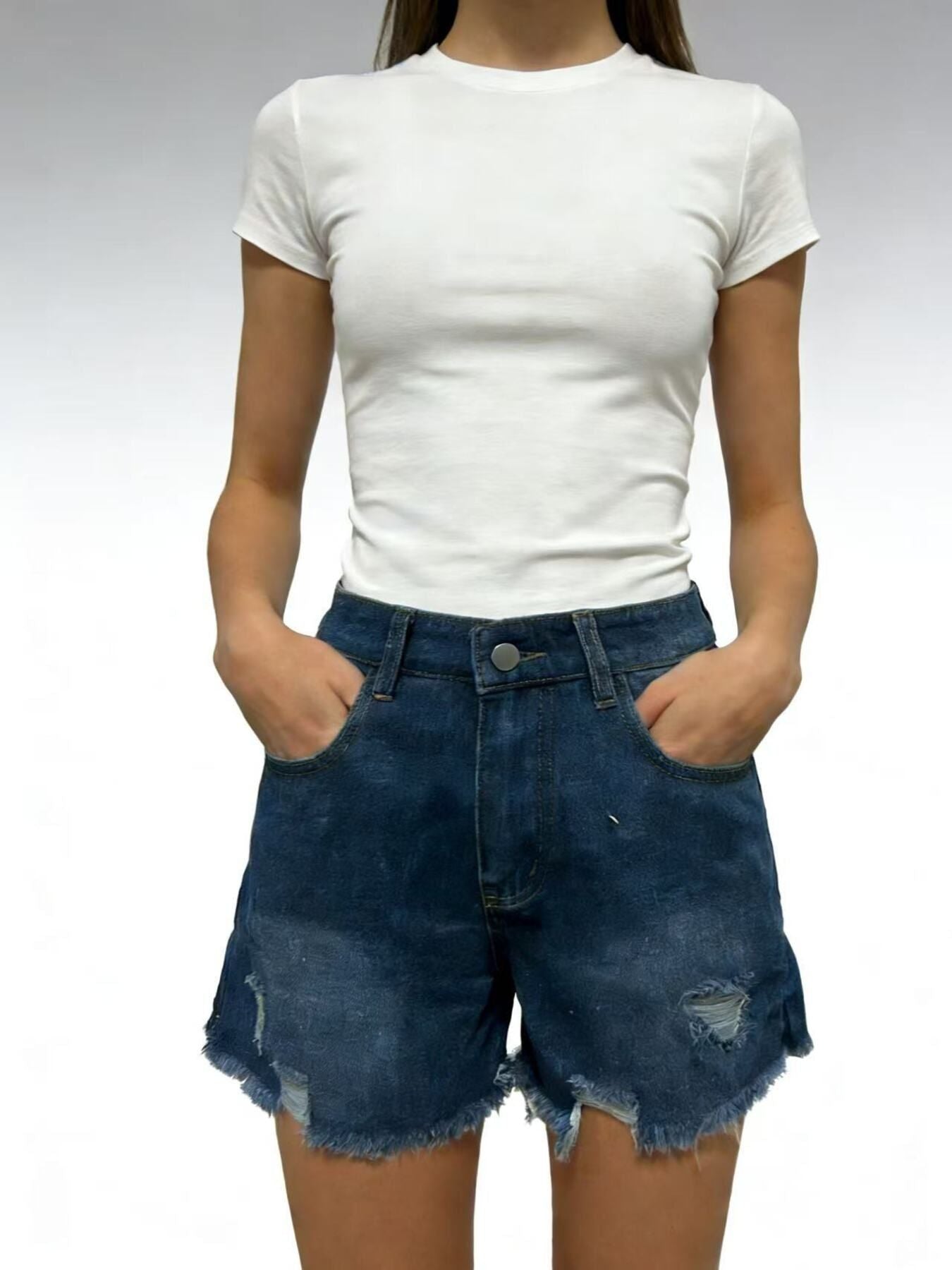 Distressed Frayed Hem Denim Shorts - Lara Moda