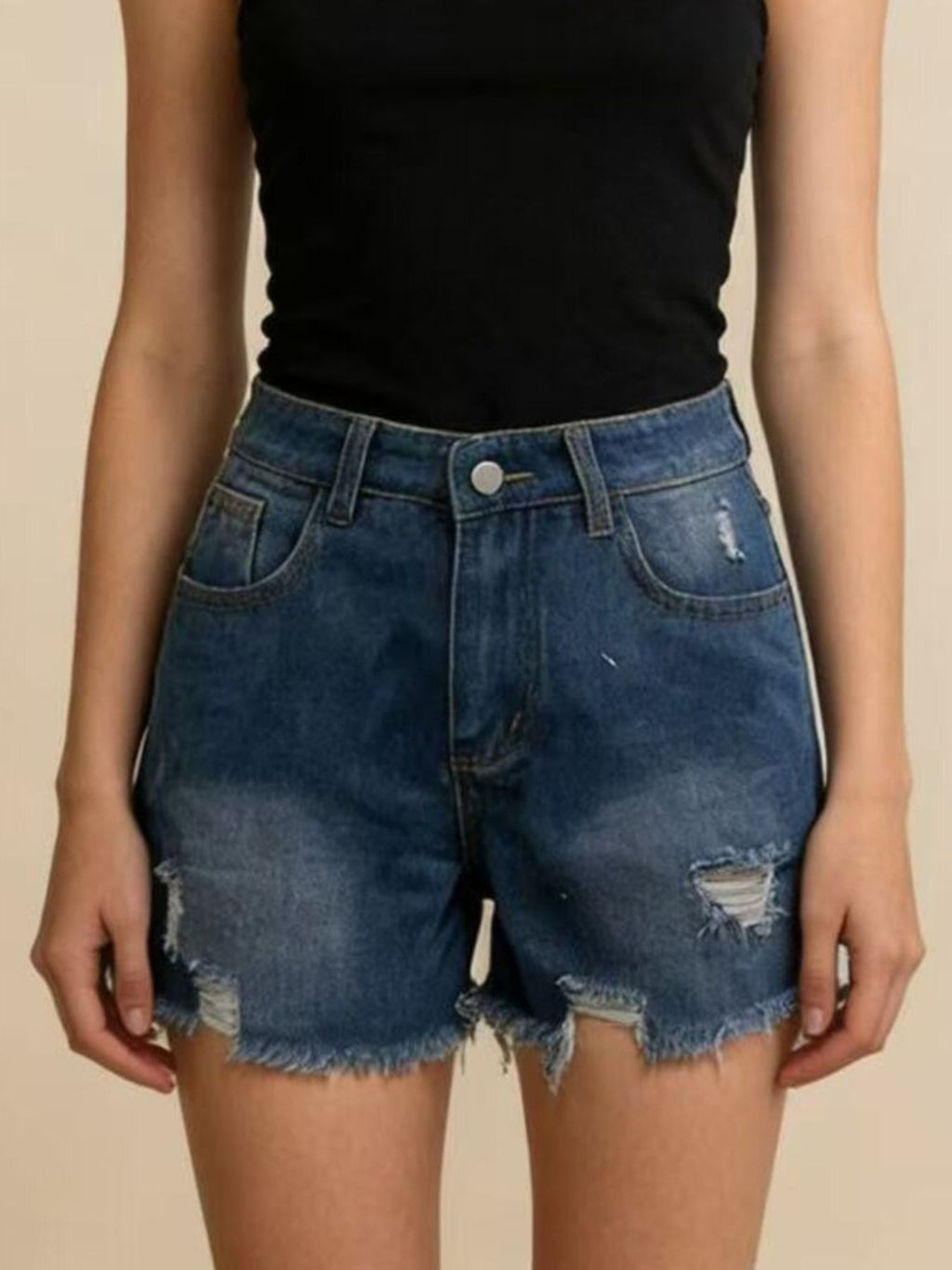 Distressed Frayed Hem Denim Shorts - Lara Moda