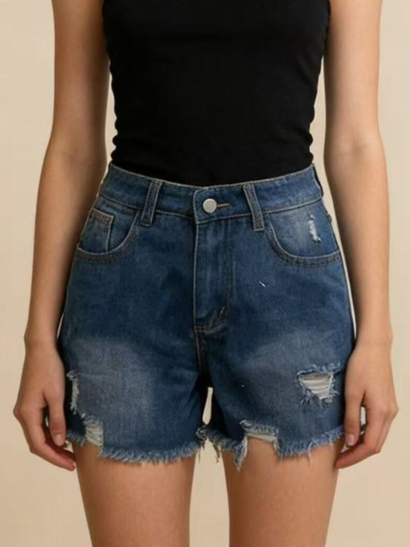 Distressed Frayed Hem Denim Shorts - Lara Moda