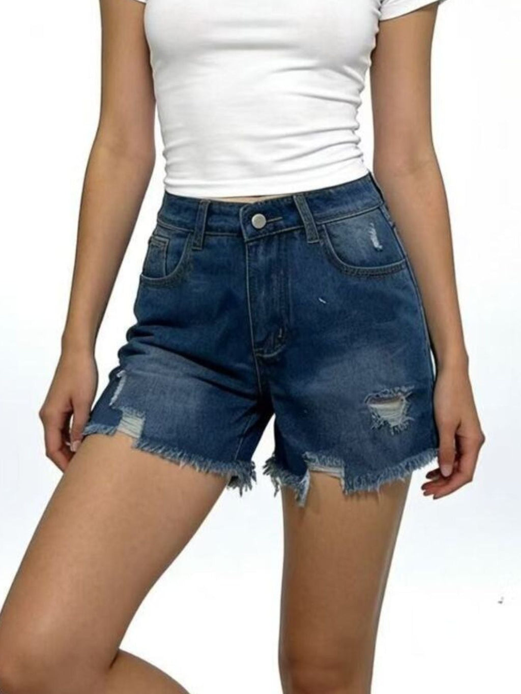 Distressed Frayed Hem Denim Shorts - Lara Moda