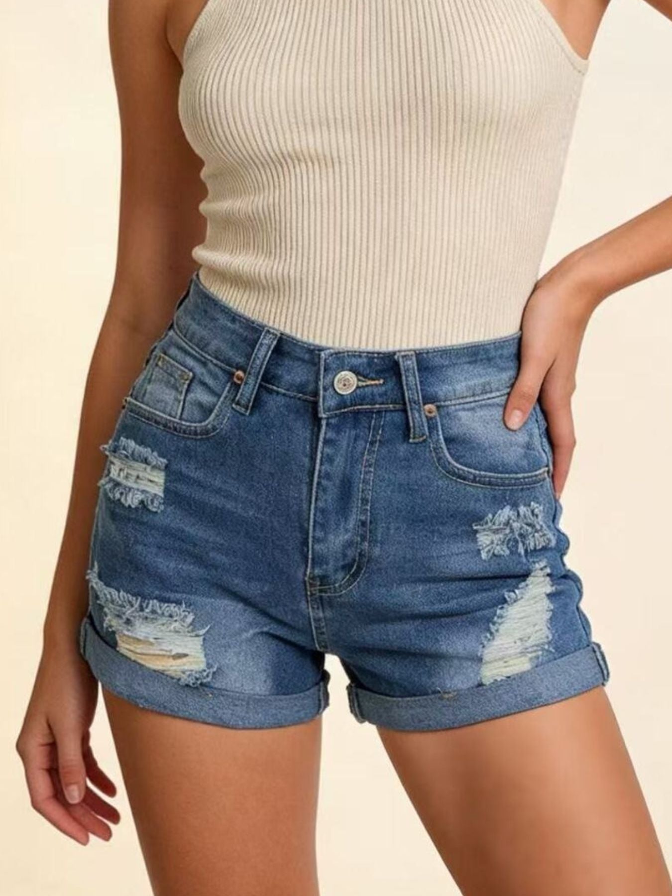 Distressed High-Waisted Denim Shorts - Lara Moda