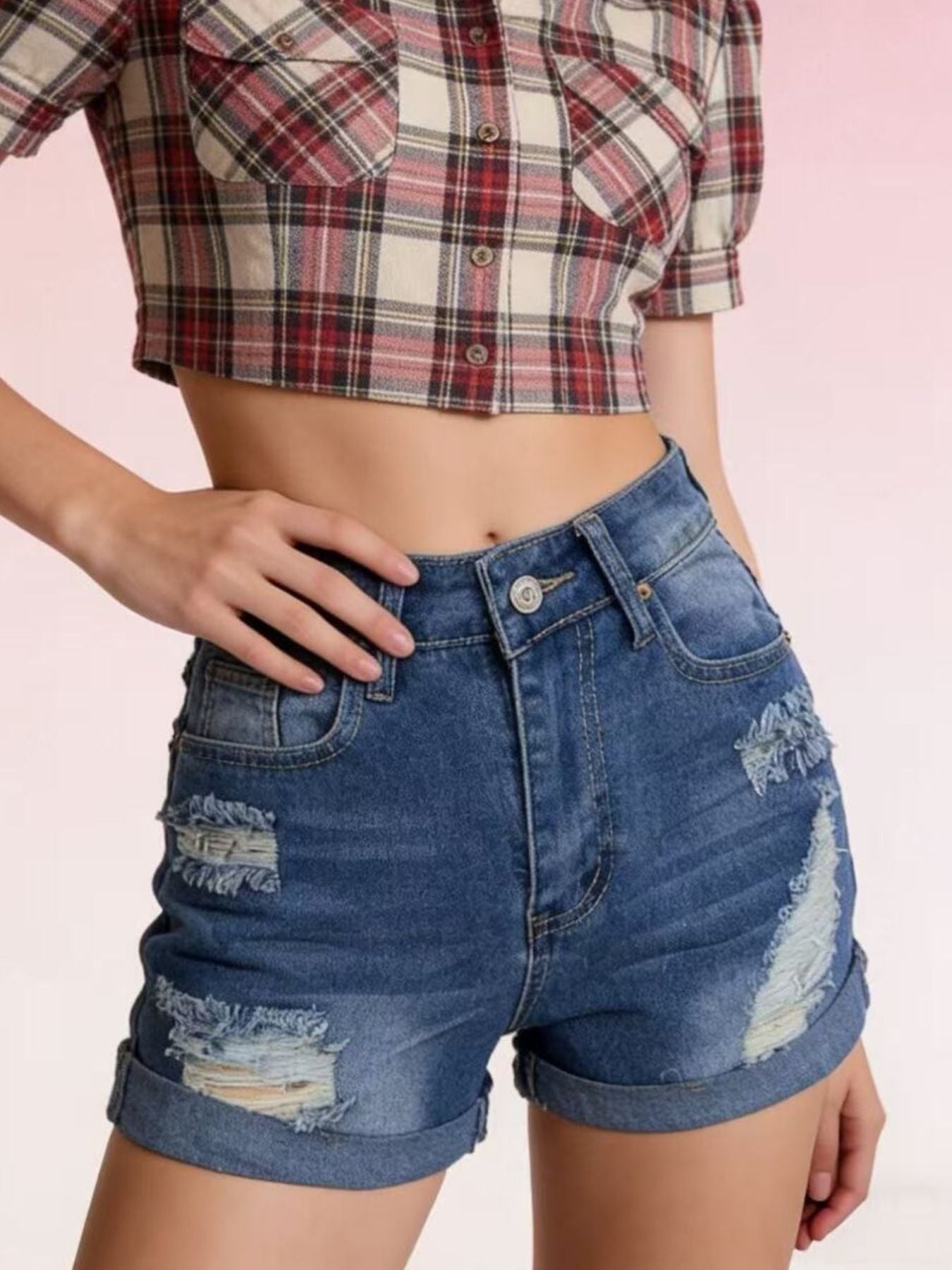 Distressed High-Waisted Denim Shorts - Lara Moda