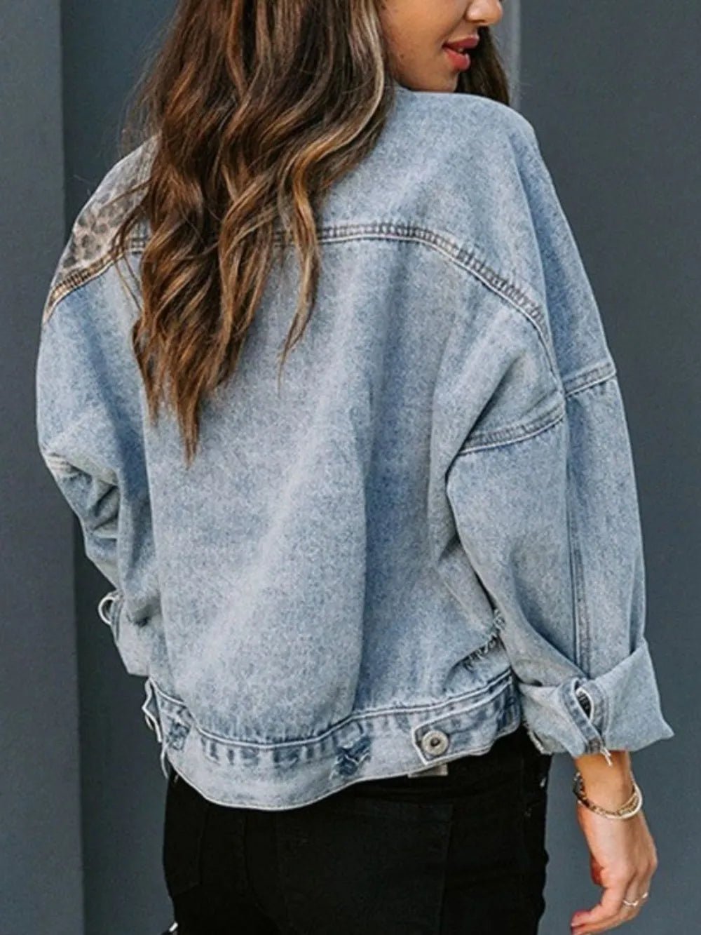 Distressed Leopard Drop Shoulder Denim Jacket - Lara Moda