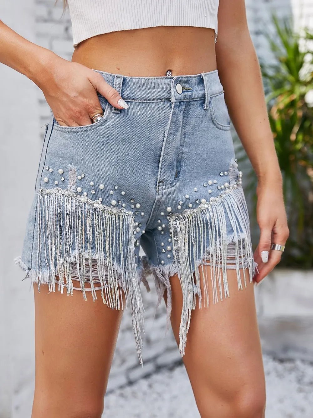 Distressed Pearl Trim Denim Shorts with Pockets - Lara Moda