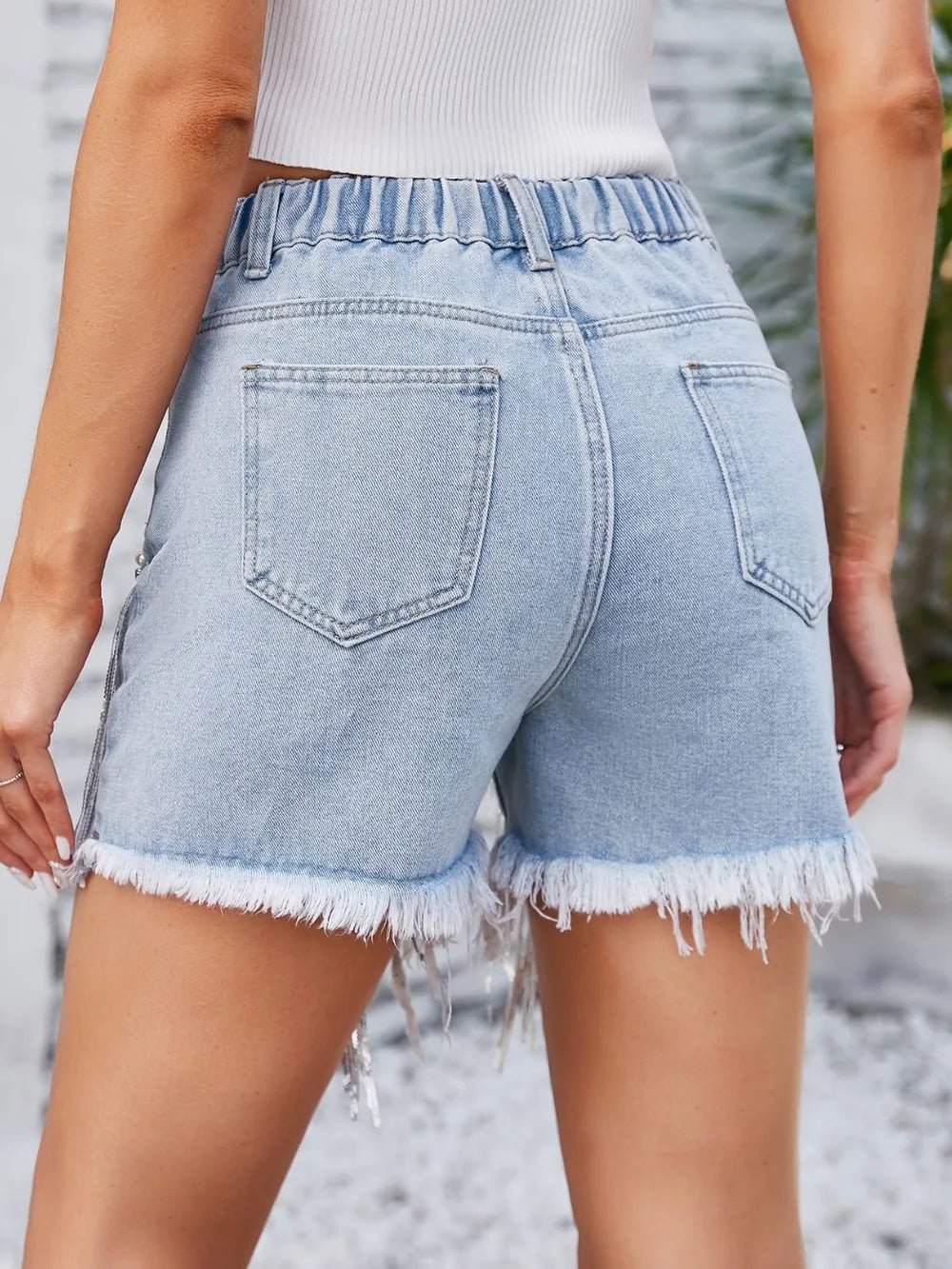 Distressed Pearl Trim Denim Shorts with Pockets - Lara Moda