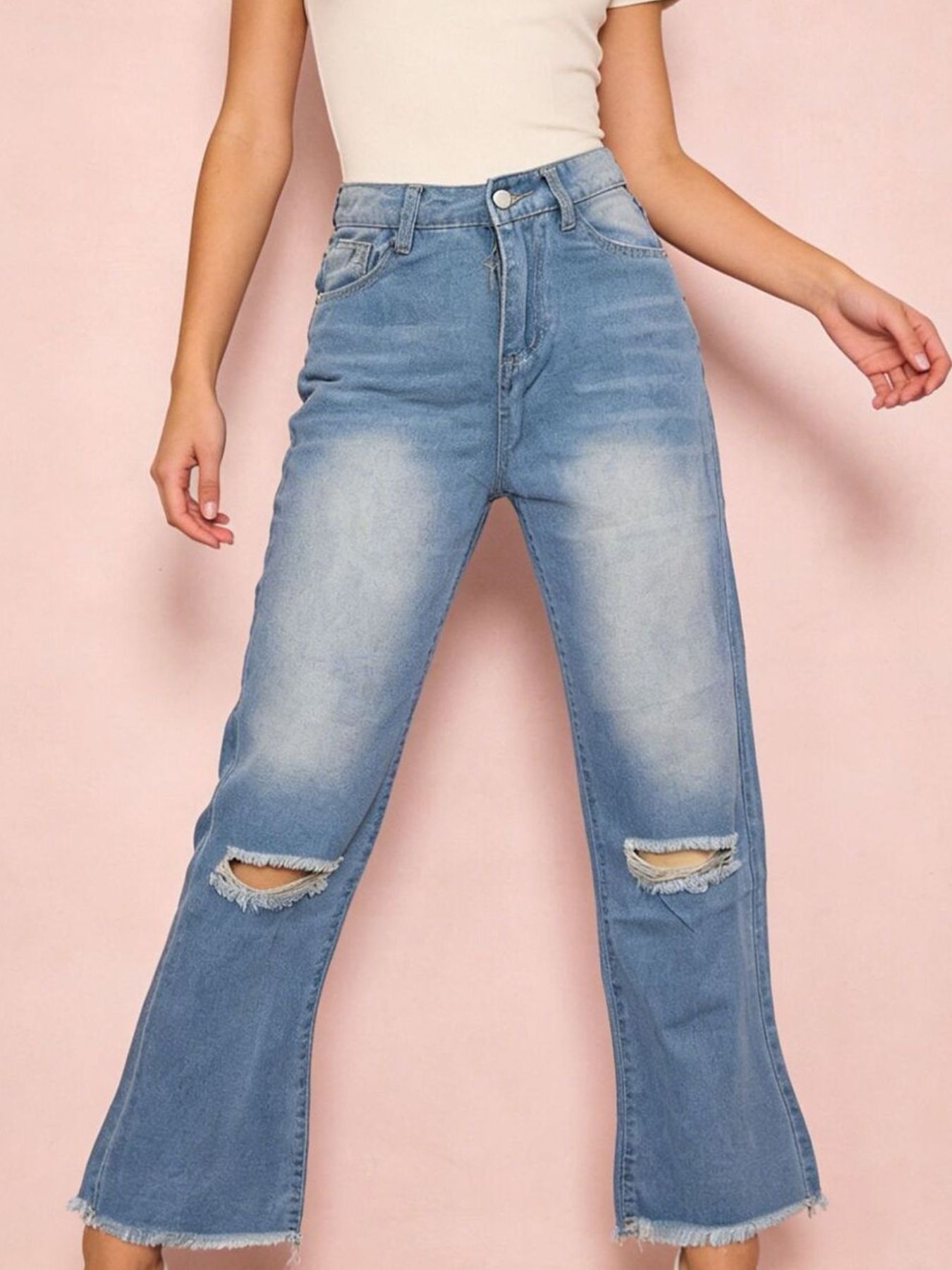 Distressed Raw Hem Bootcut Jeans - Lara Moda