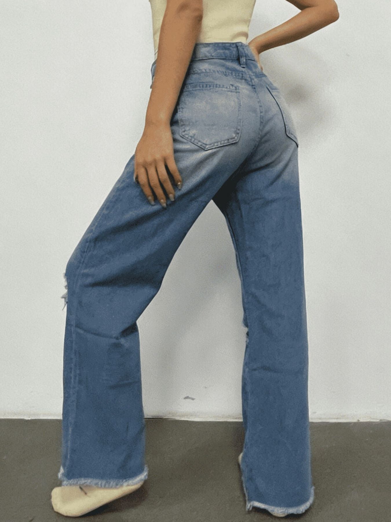 Distressed Raw Hem Bootcut Jeans - Lara Moda