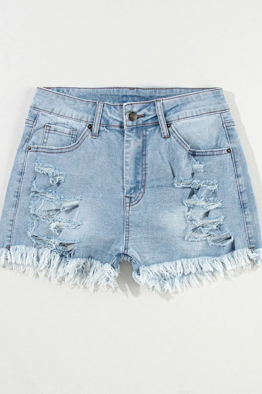 Distressed Raw Hem High Waist Denim Shorts - Lara Moda