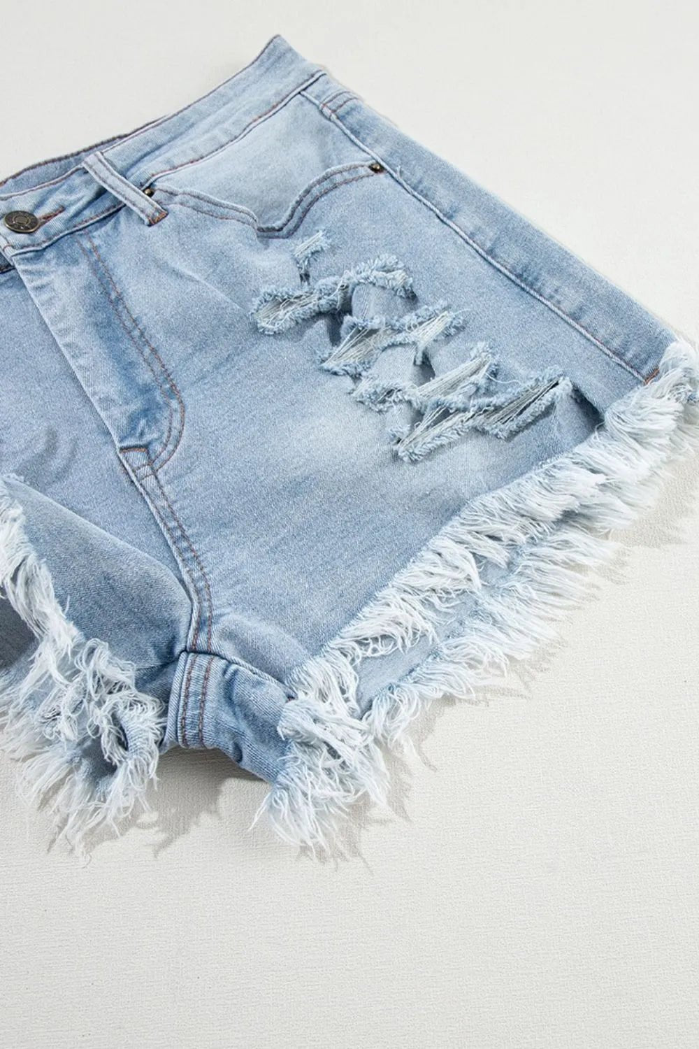 Distressed Raw Hem High Waist Denim Shorts - Lara Moda