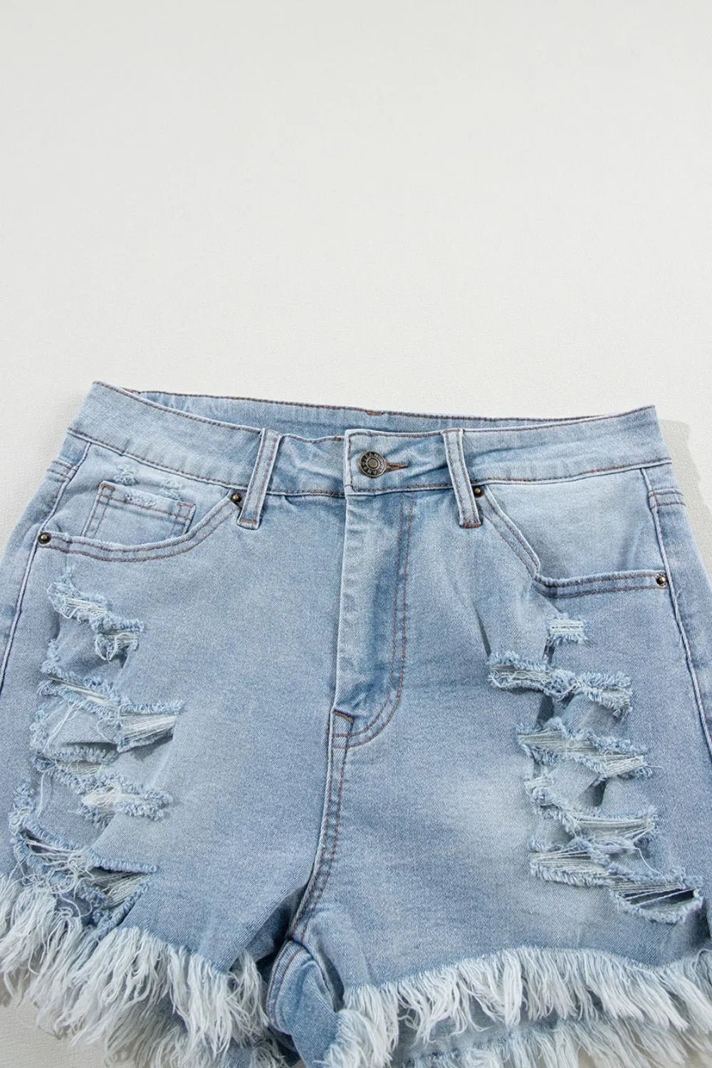 Distressed Raw Hem High Waist Denim Shorts - Lara Moda