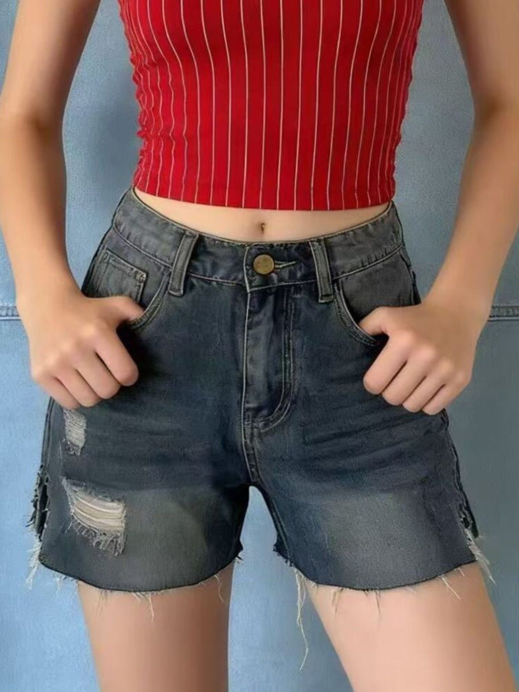 Distressed Slit Denim Shorts - Lara Moda
