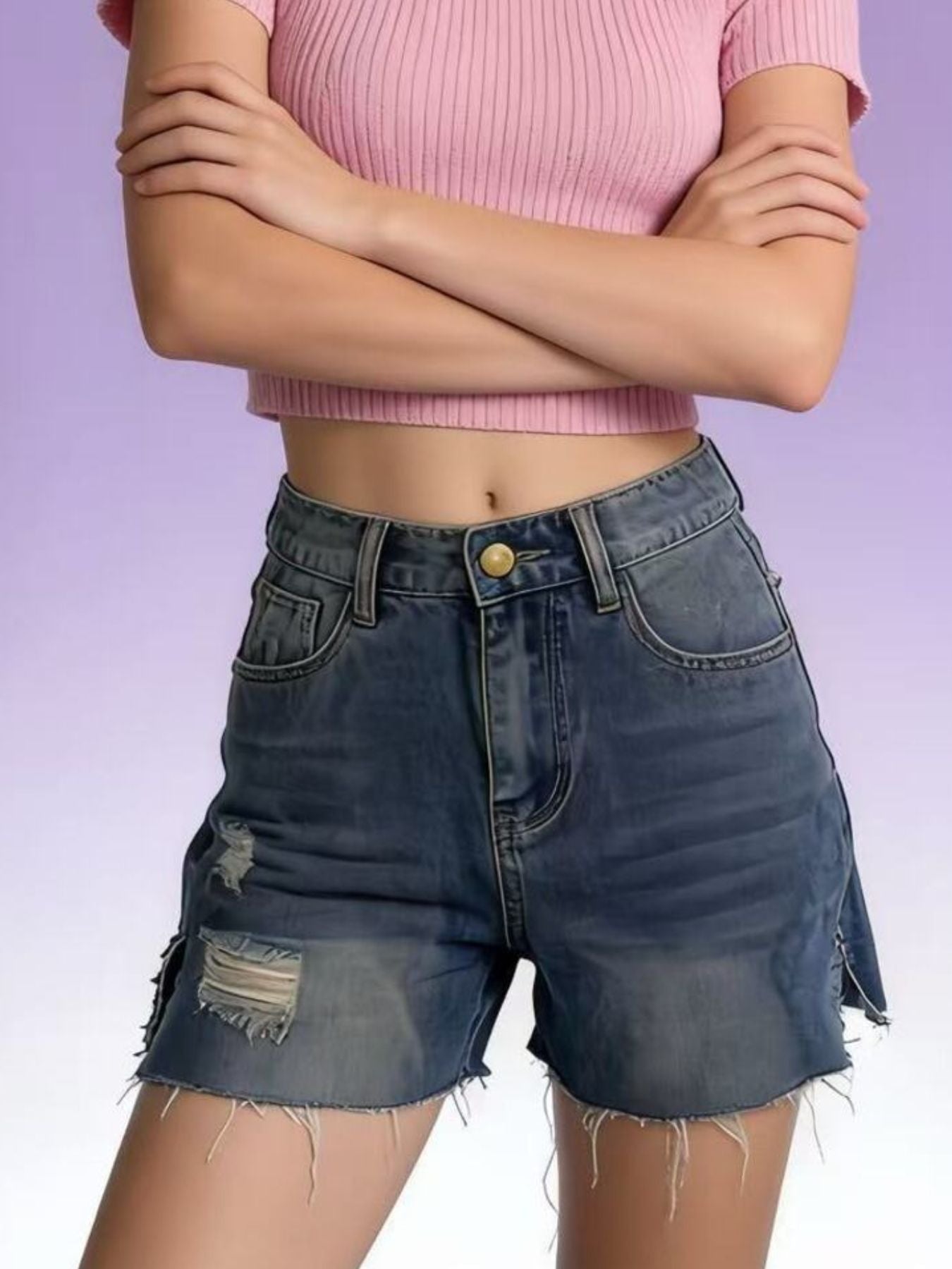 Distressed Slit Denim Shorts - Lara Moda