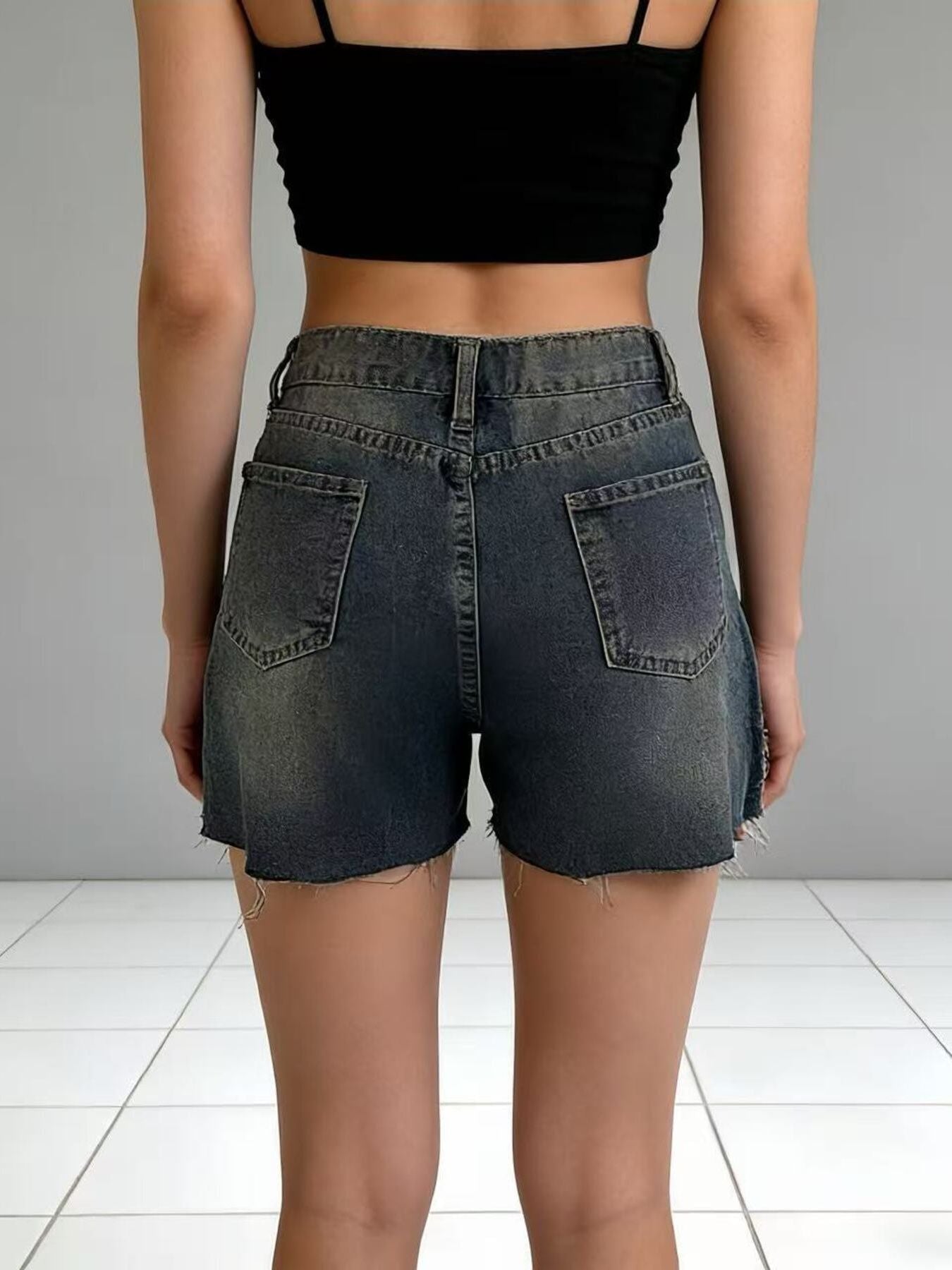 Distressed Slit Denim Shorts - Lara Moda