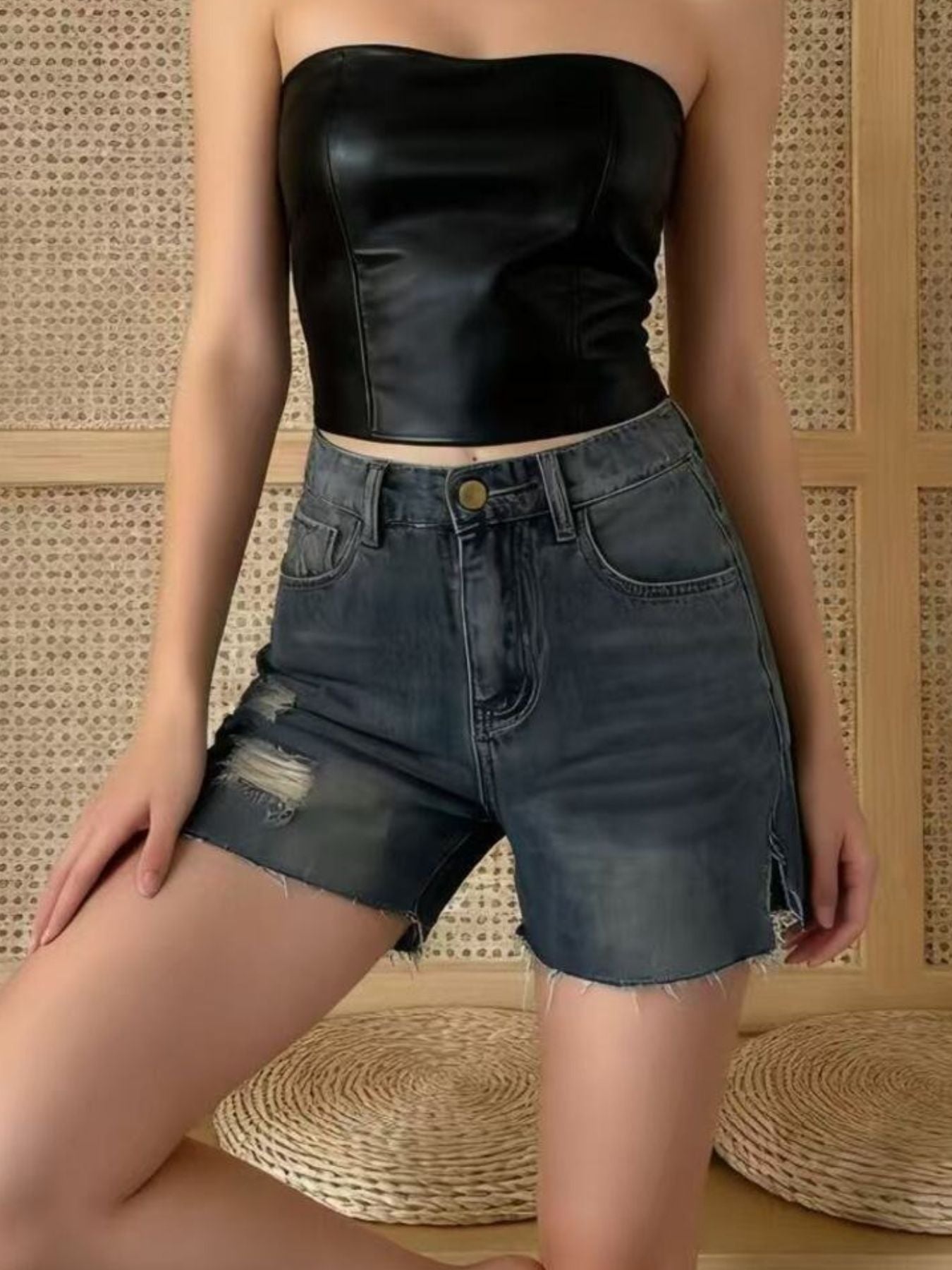 Distressed Slit Denim Shorts - Lara Moda