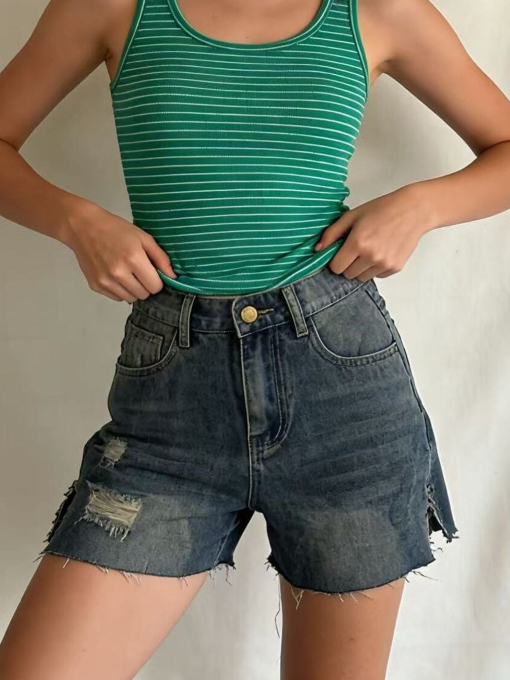 Distressed Slit Denim Shorts - Lara Moda