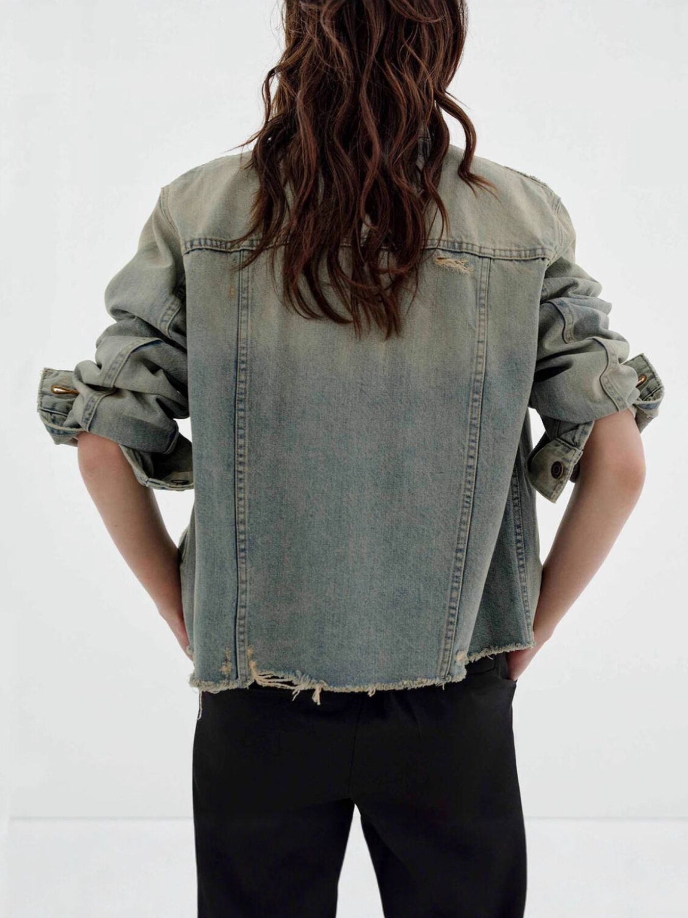 Distressed Wash Button Up Denim Jacket - Lara Moda