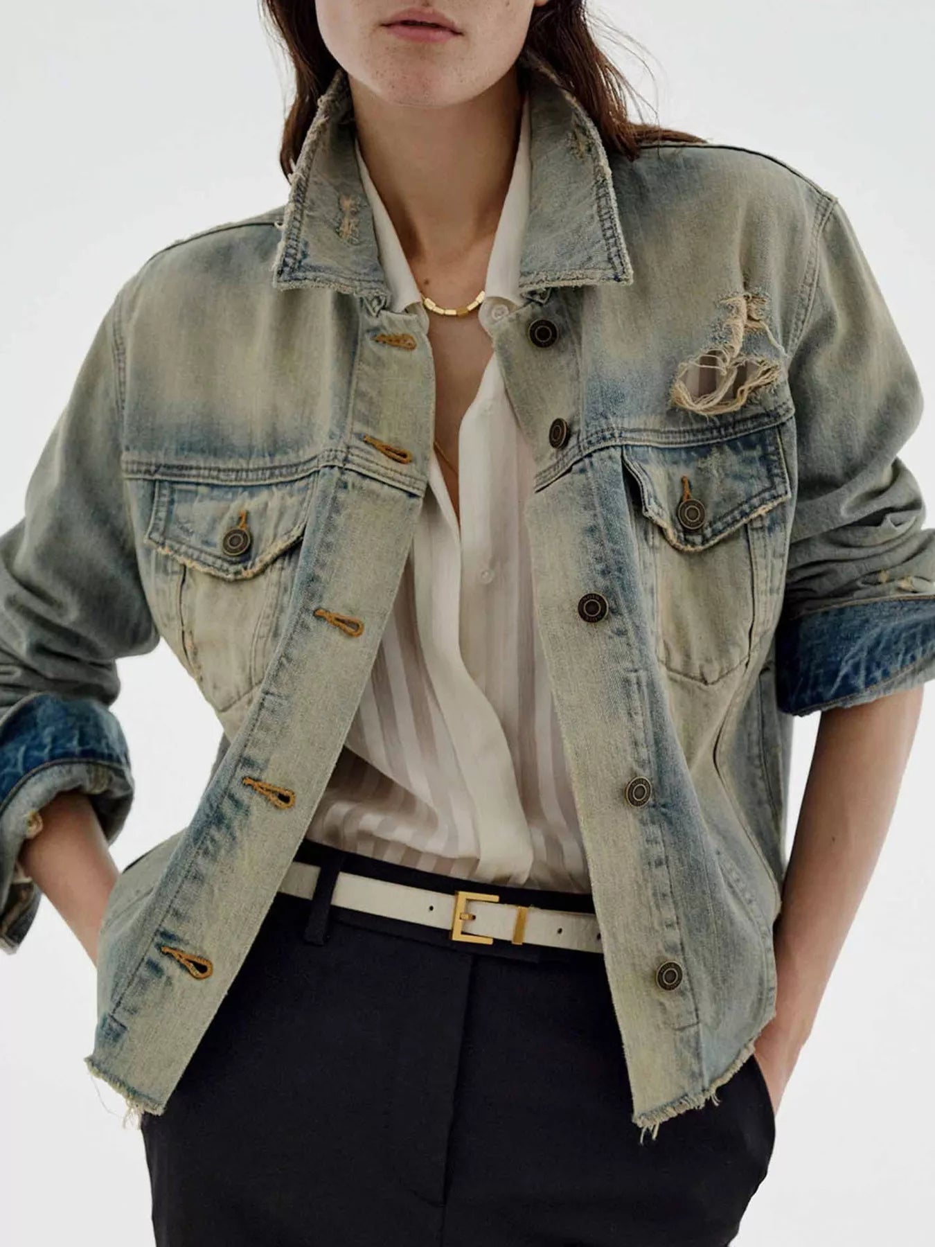 Distressed Wash Button Up Denim Jacket - Lara Moda
