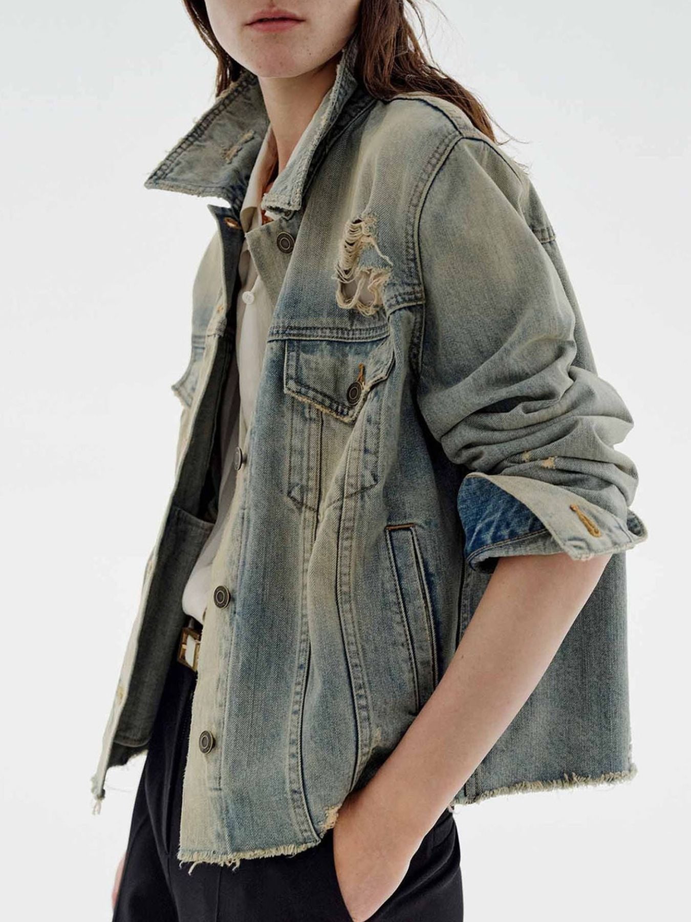 Distressed Wash Button Up Denim Jacket - Lara Moda