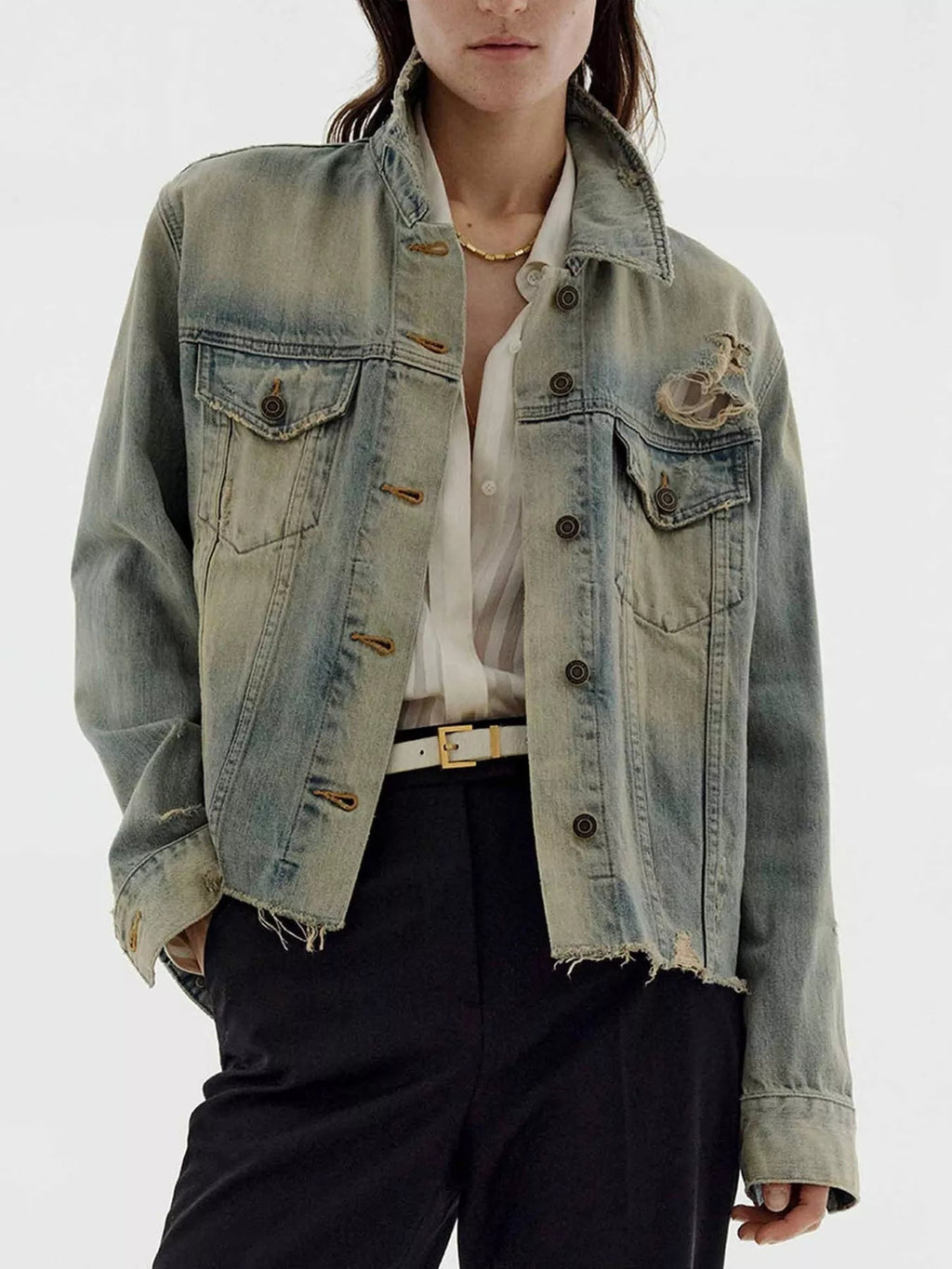 Distressed Wash Button Up Denim Jacket - Lara Moda