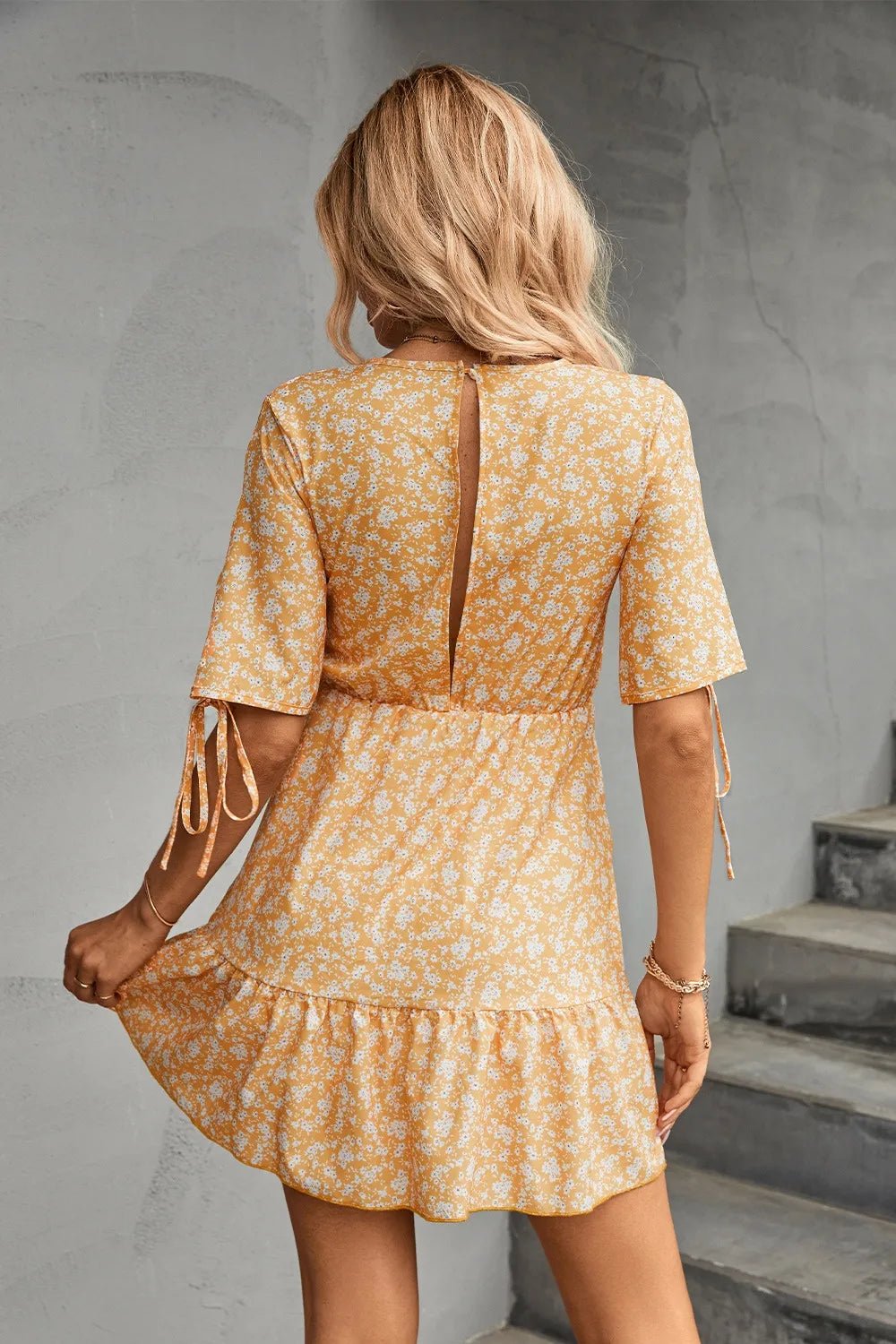 Ditsy Floral V-Neck Half Sleeve Mini Dress - Lara Moda
