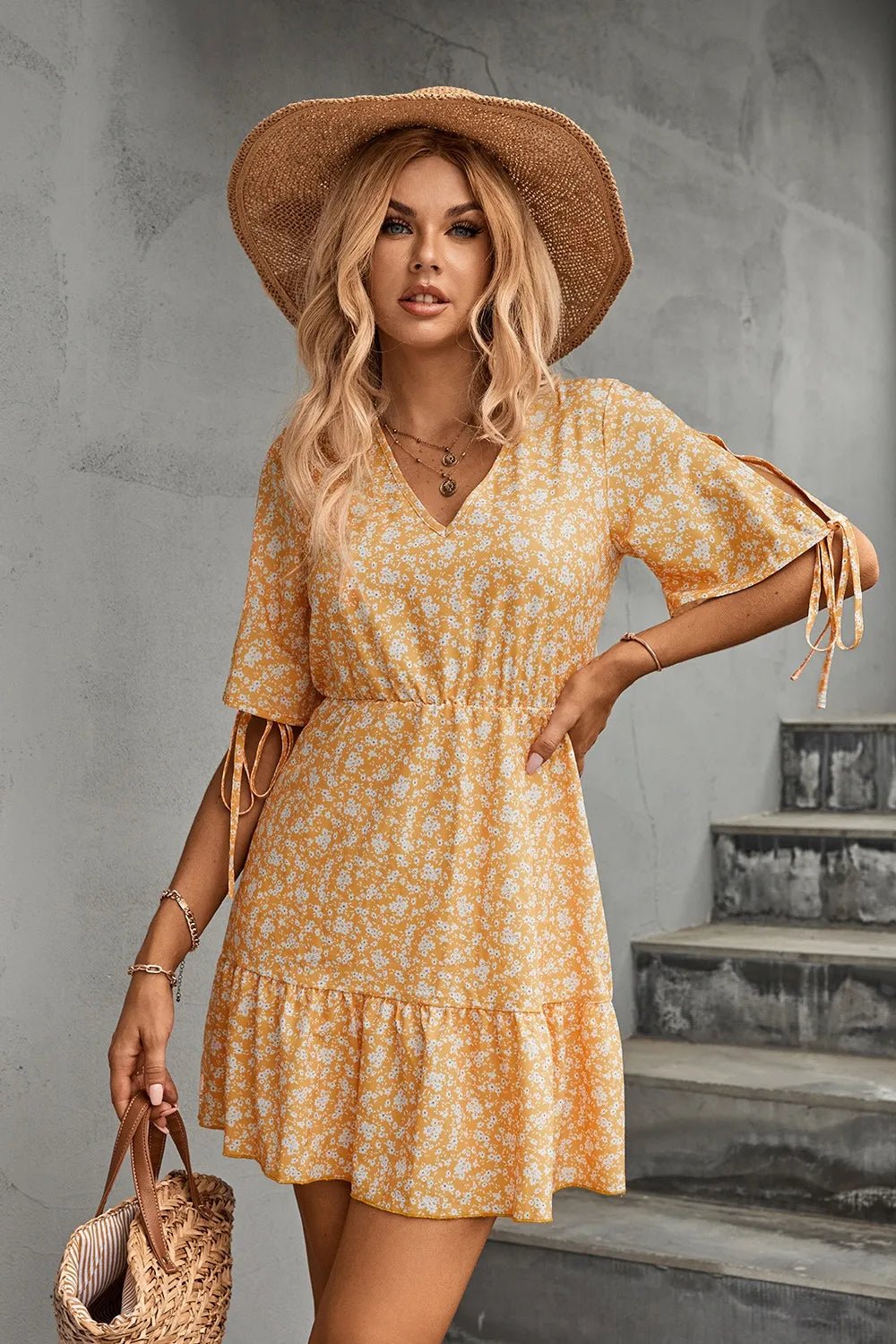 Ditsy Floral V-Neck Half Sleeve Mini Dress - Lara Moda